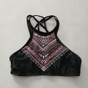 Black Y2K VTG Swim Tropical Resort Beach Grunge Goth Vacation Bikini Top Large